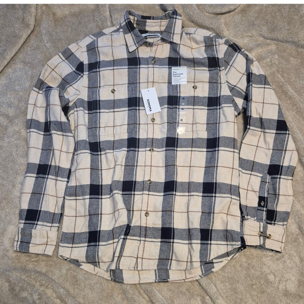 Sonoma Goods For Life Mens Supersoft Flannel Shirt Plaid Navy Cream M NWT